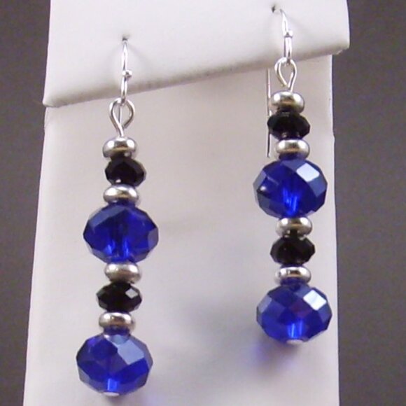 Blue & Black Cut Crystal Earrings with Silver Floral Accents - Picture 8 of 16